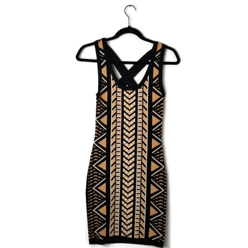 WOW COUTURE Tan & Black Tribal Print Sleeveless Crossed Back Bodycon Dress S